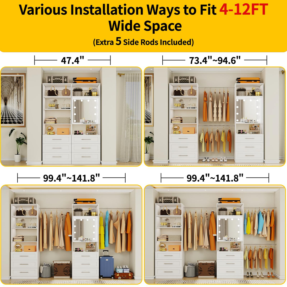 Closet System with 6 Drawers & Mirror, 4-12FT Closet Organizer System with 6 Shelves, 5 Hanging Rods & Light, Modular