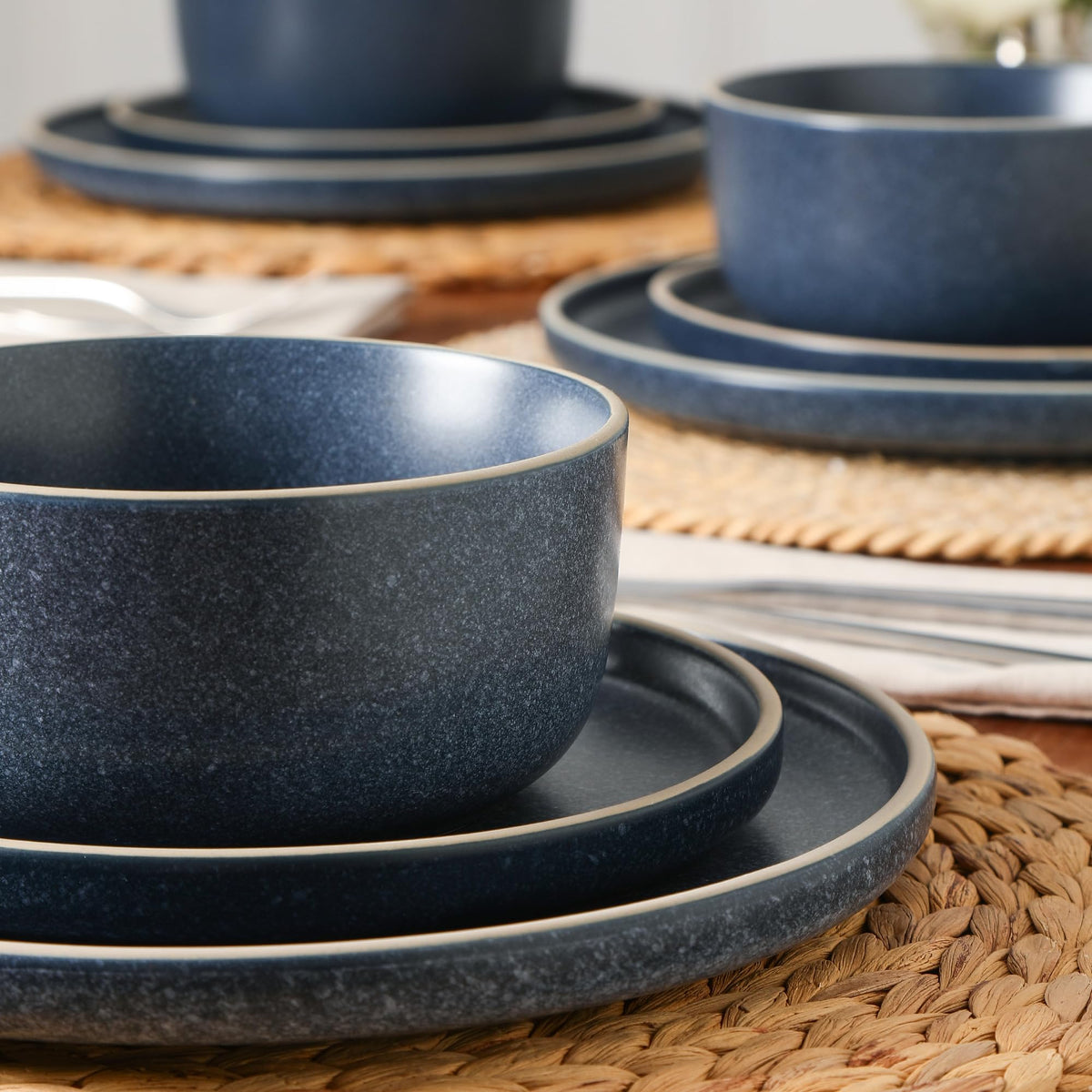 Amber 12-Piece Dinnerware Set Stoneware, Dishwasher and Microwave Safe Plates and Bowls Set, Dish Set for 4, Blue