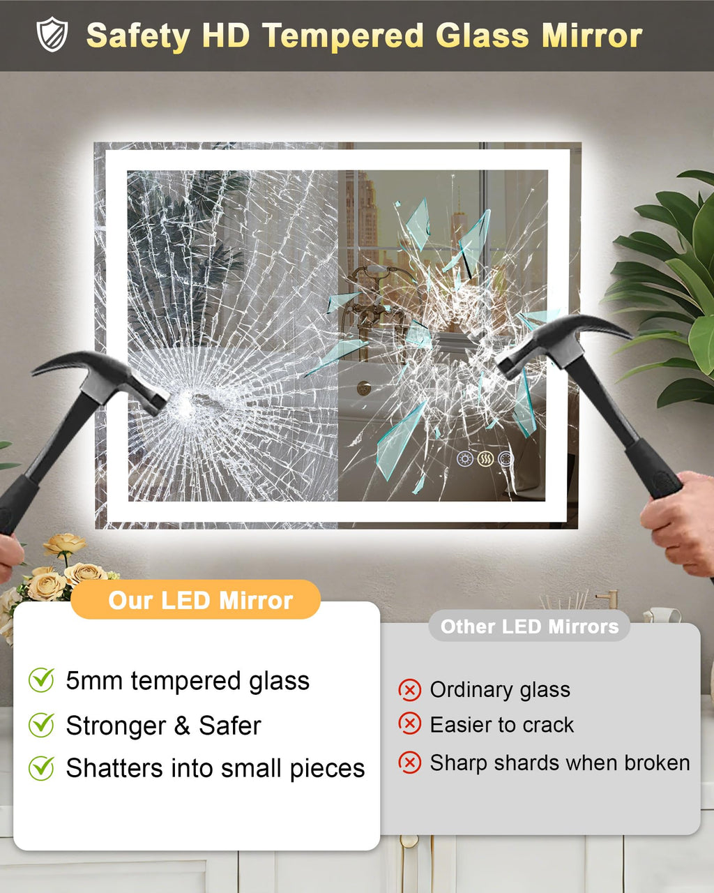 48x32 LED Bathroom Mirror, 6000LM, Separate Front and Back Lights