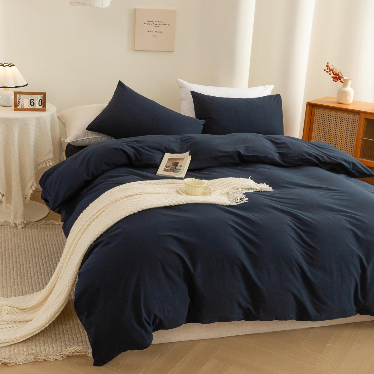 Cotton 3 Pcs Duvet Cover Set Linen Feel Navy Blue King