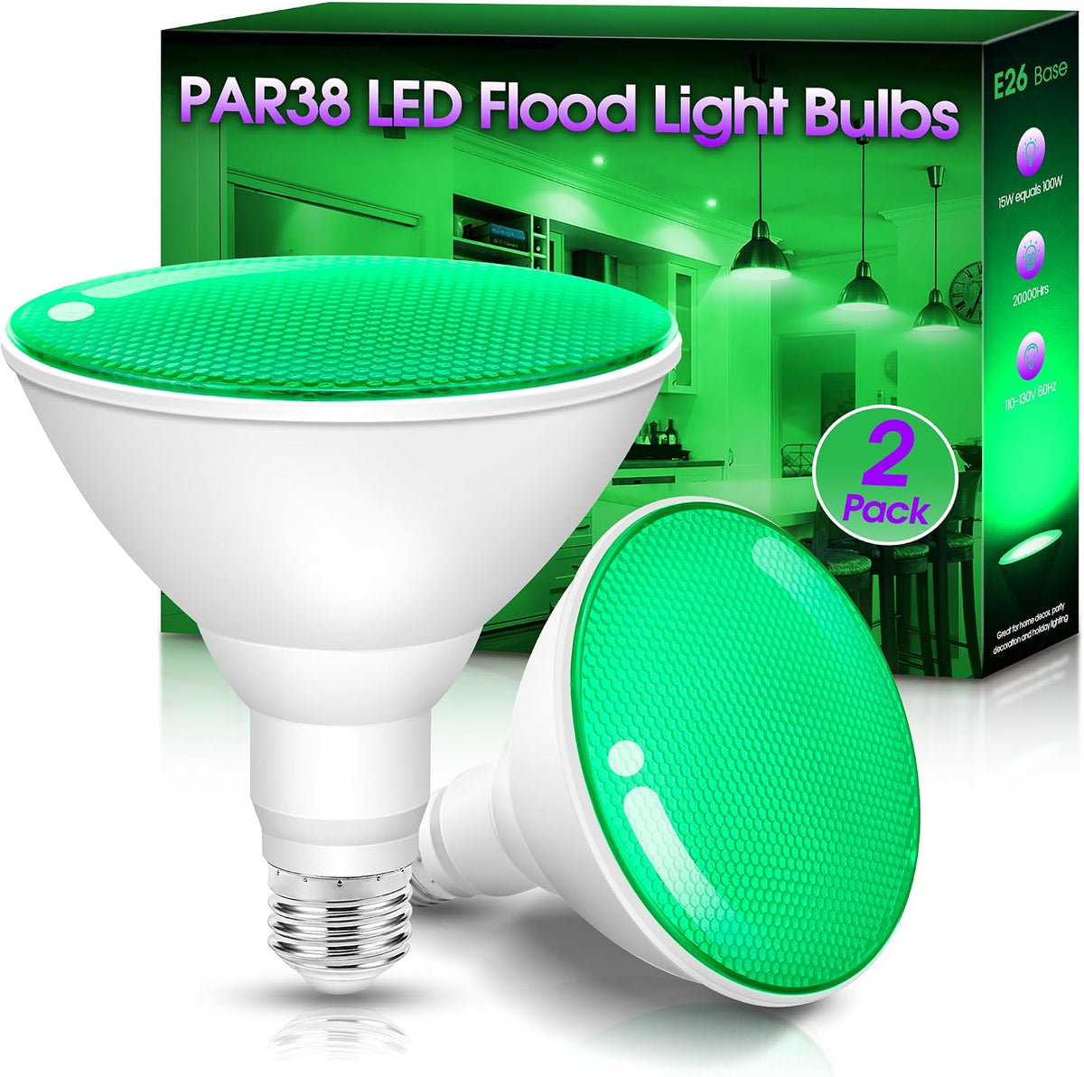 Green Flood Light Bulbs,PAR38 15W(100W Equivalent)