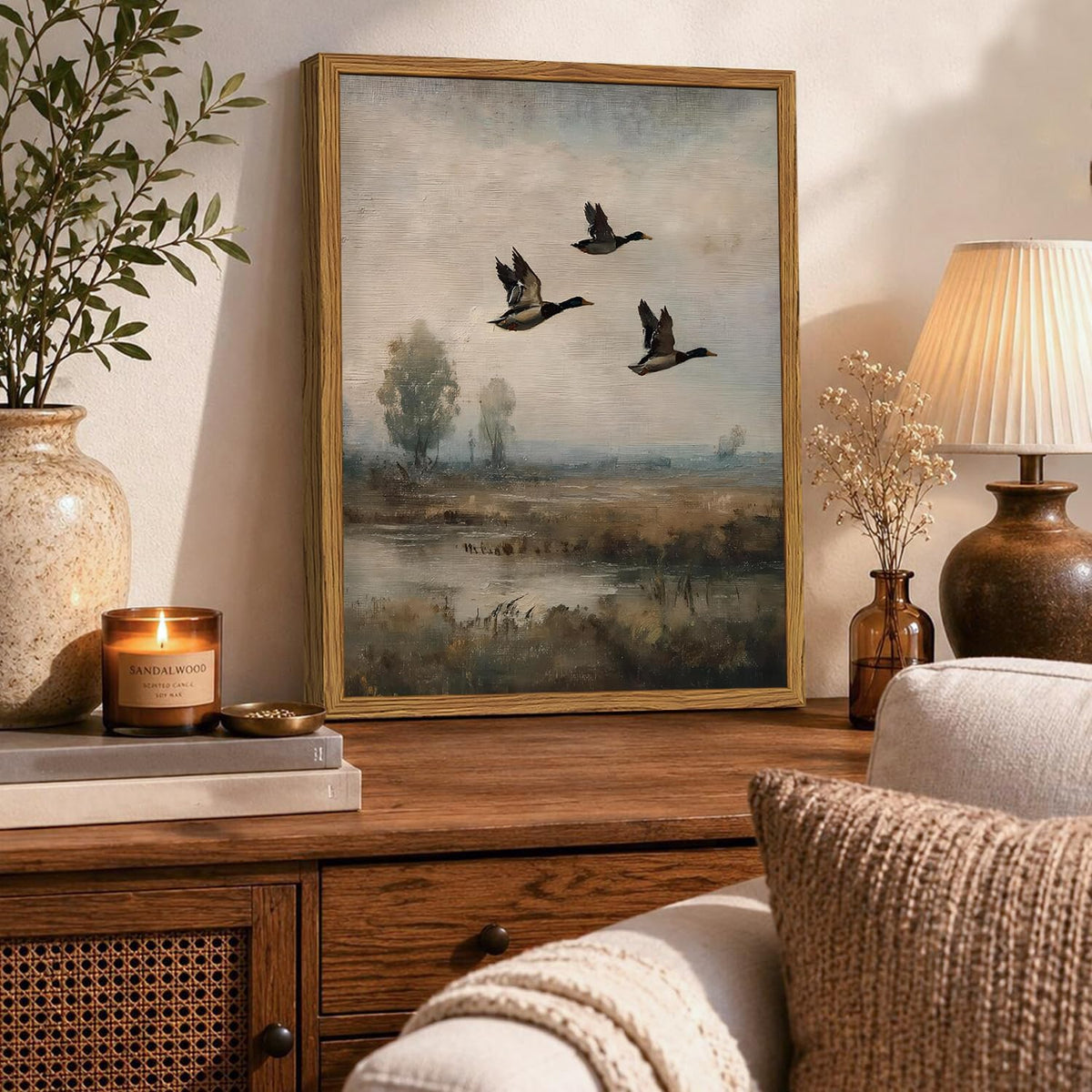 Framed Vintage Mallard Duck Wall Art, Cottagecore Flying Bird Nature Landscape Pictures Wall Decor, Rustic Farmhouse