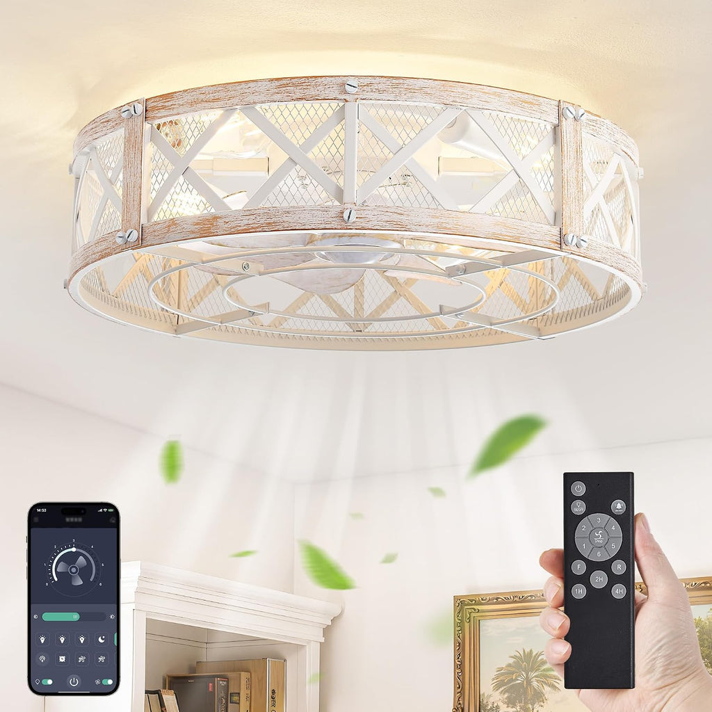 20" Flush Mount Caged Ceiling Fan with Light & Remote
