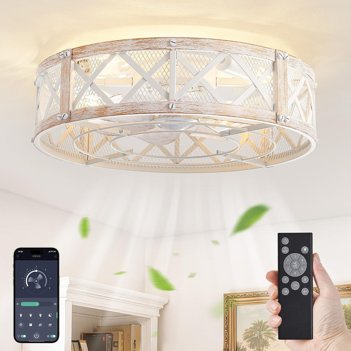 20" Flush Mount Caged Ceiling Fan with Light & Remote