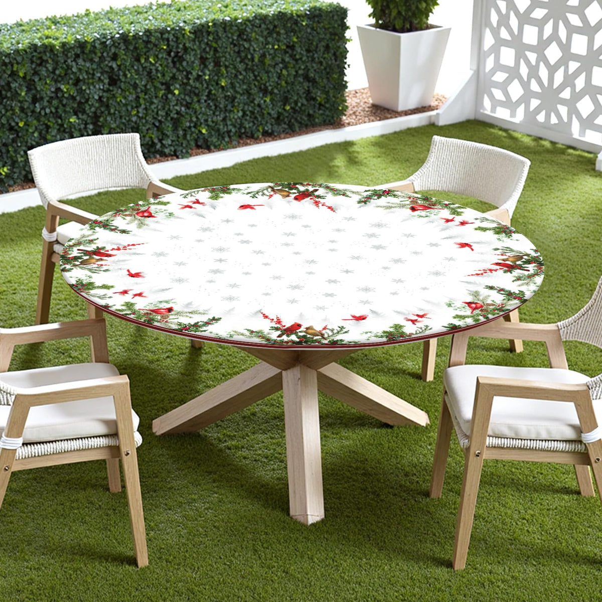 Winter Round Fitted Tablecloth with Elastic Edge, Water-Resistant Reusable Christmas Cardinal Bird Snowflake Red Table