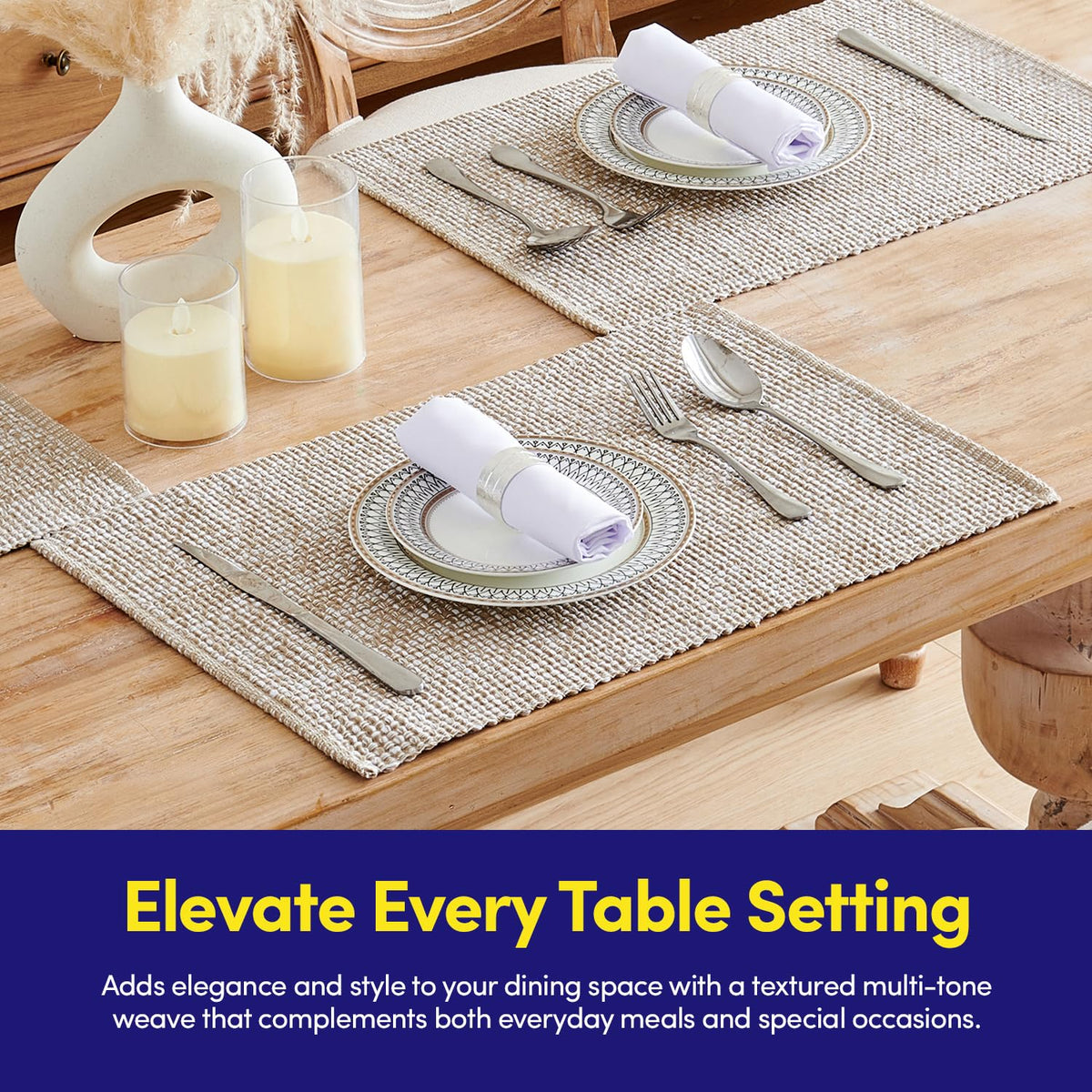 100% Cotton Placemats Rectangle Two Tone Woven Fabric 13" x 19" Soft Durable Table Mat Set, Set of 6, Taupe