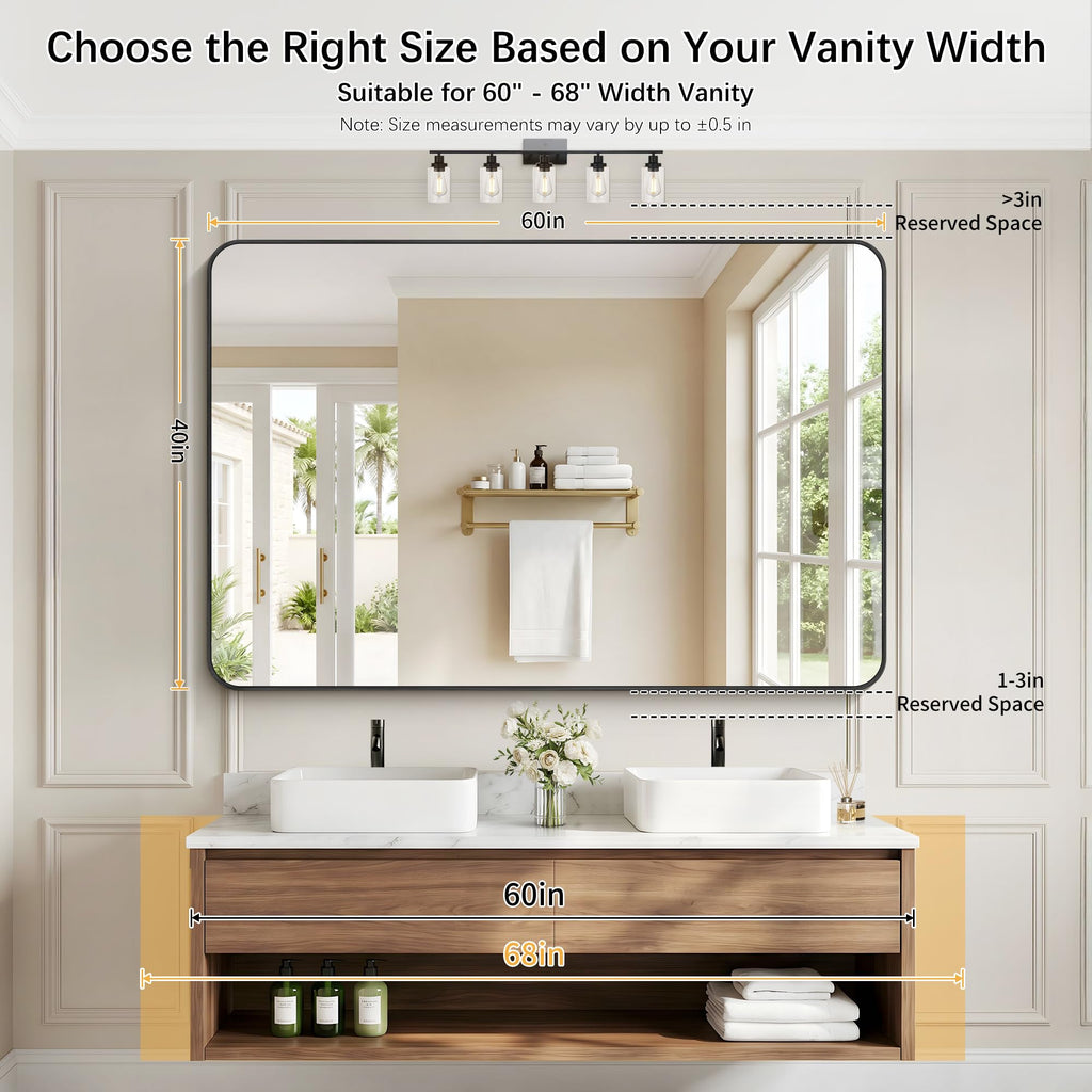 60" x 40"Bathroom Mirror, Matte Black Wall Mirror with Metal Frame, Decorative Rectangular Vanity Mirror Bathroom