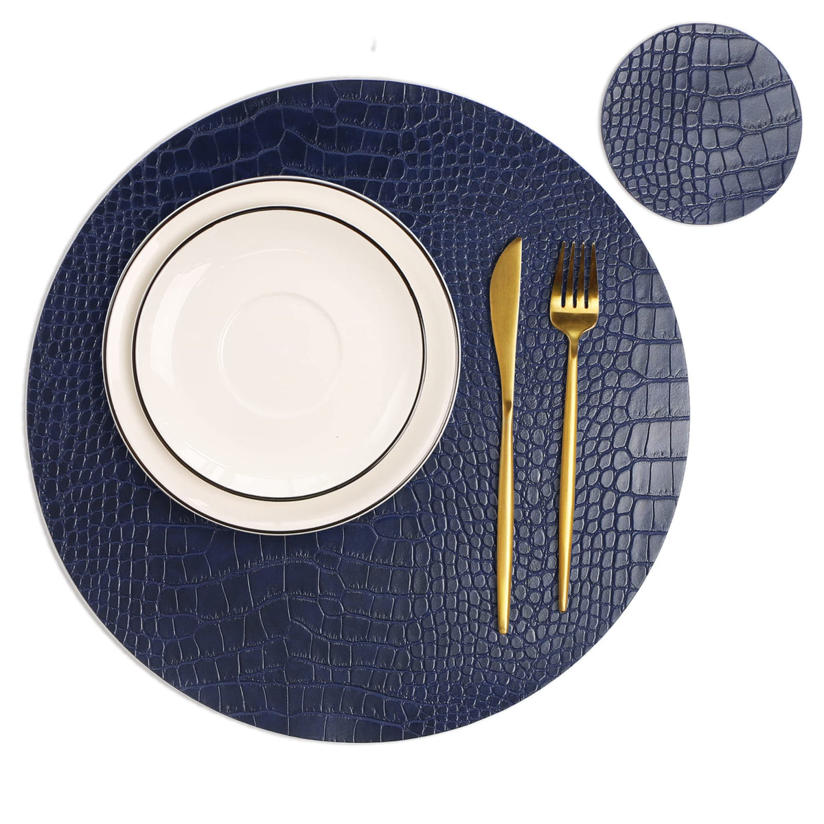 Round Leather Placemats for Round Tables Set of 4, Blue Table Place Mats and Coasters, Washable Easy to Care for
