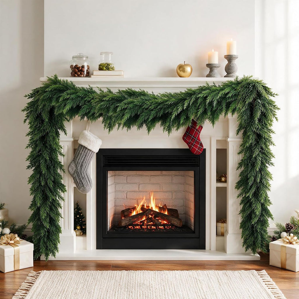 9FT Christmas Cedar Garland, Artificial Realistic Pine Greenery Garland with Flexible Wired Branches, Faux Cedar