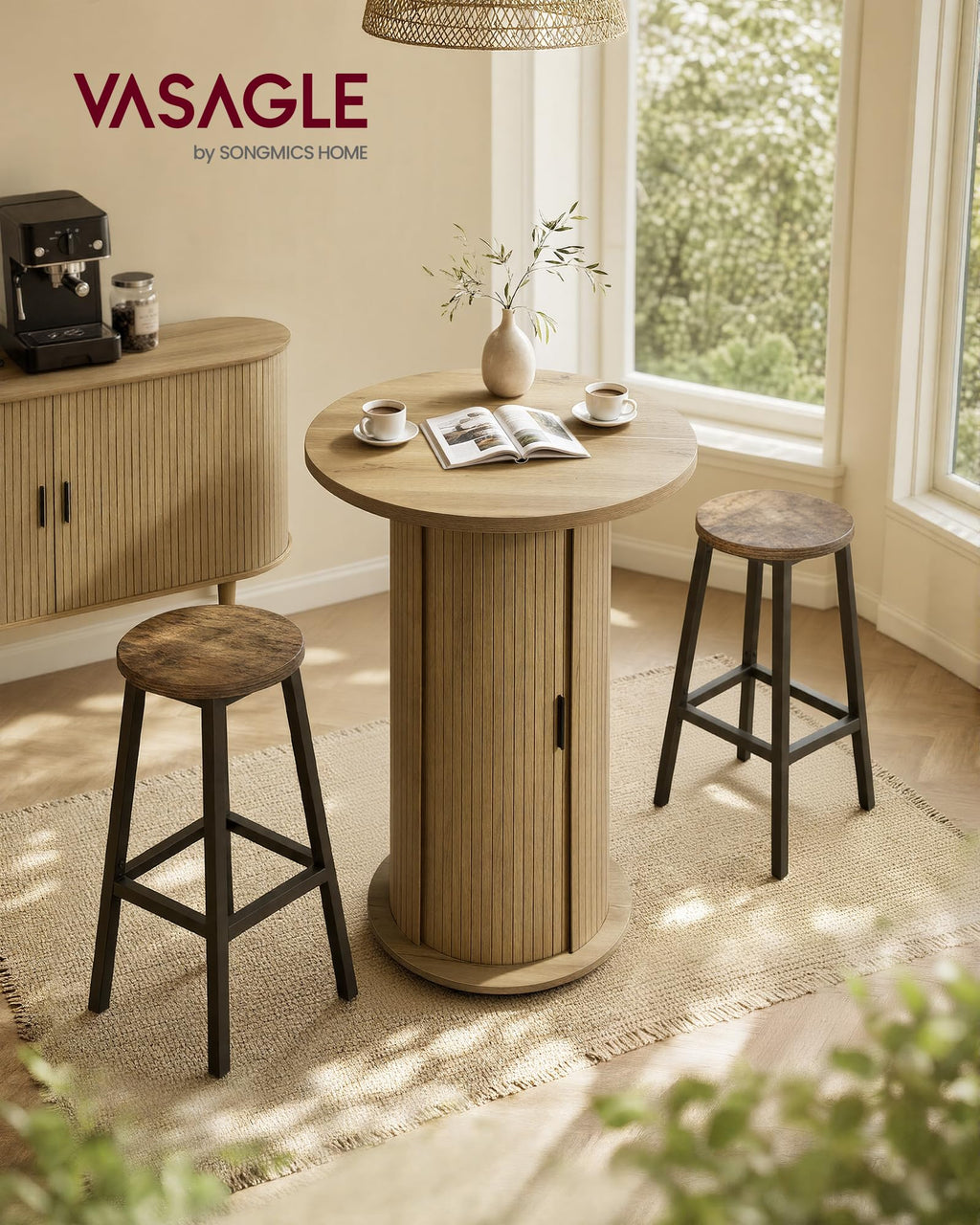 Round Bar Table, 39.6" H Wood Bistro Pub Table with Storage Space