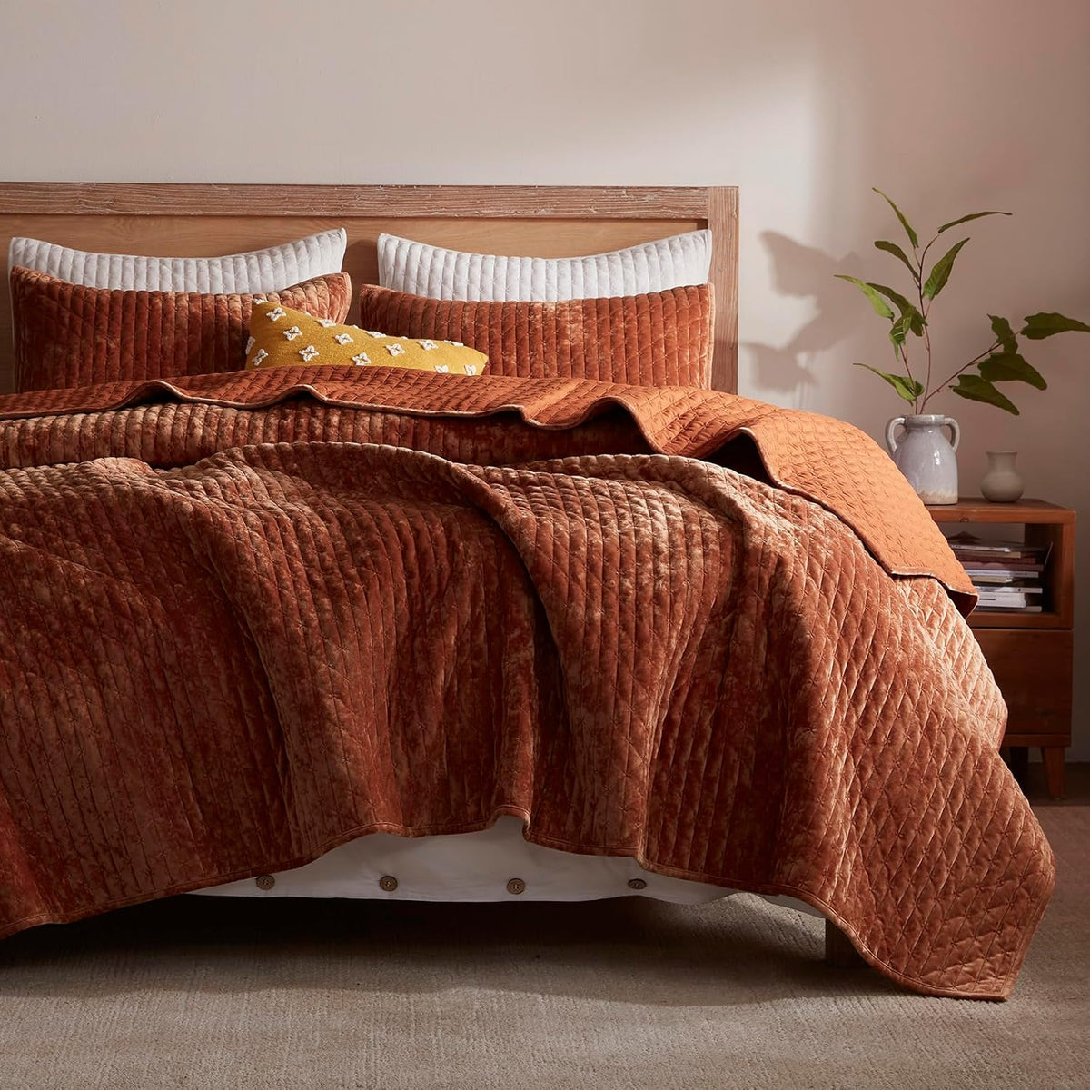 Velvet Quilt California King 118''x106'', Lightweight Burnt Orange Velvet Comforter Set with 2 Matching Shams, Soft