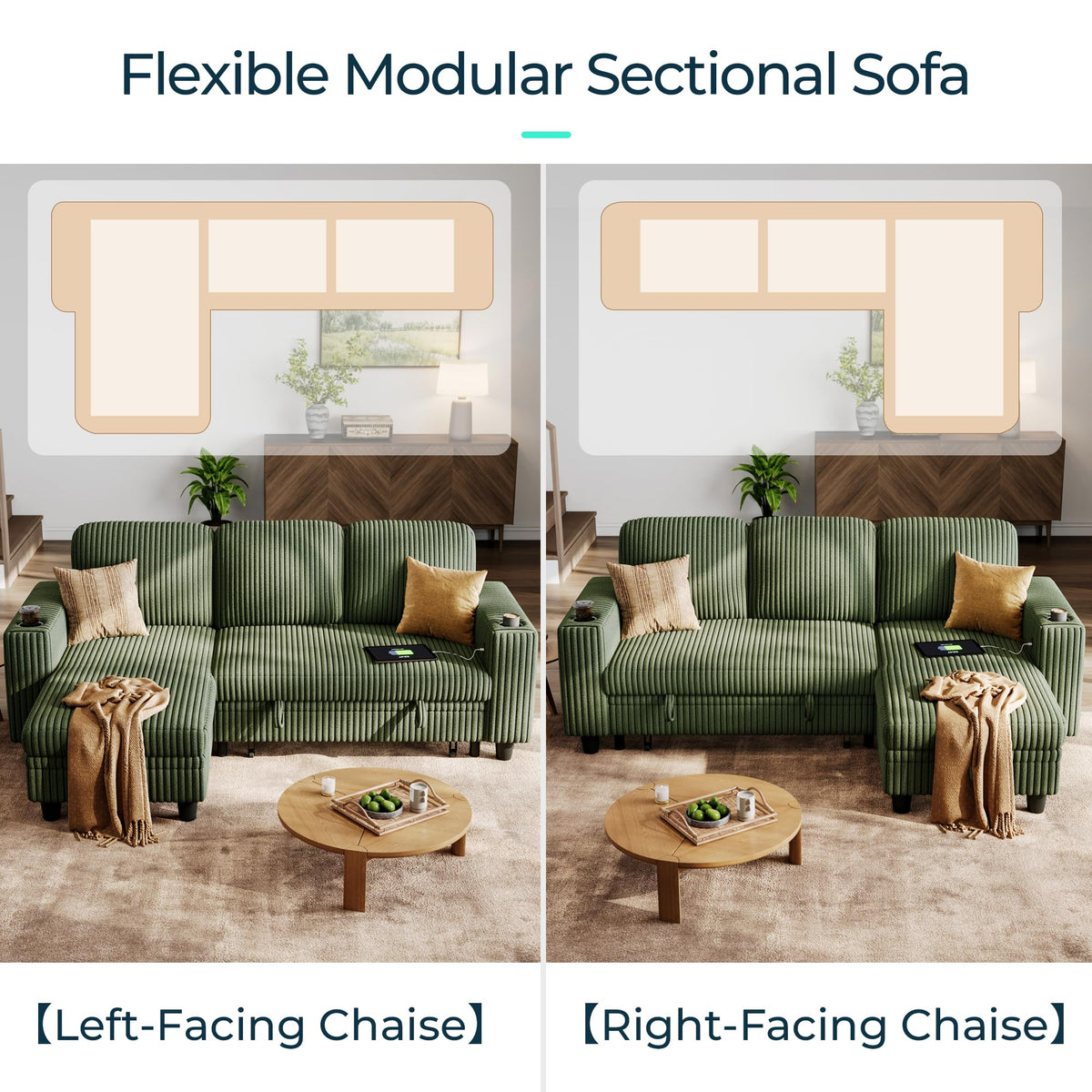 Sectional Sleeper Sofa Couch with Storage Chaise & USB Charging, Plush Corduroy Convertible Pullout Sofa Bed, Modular