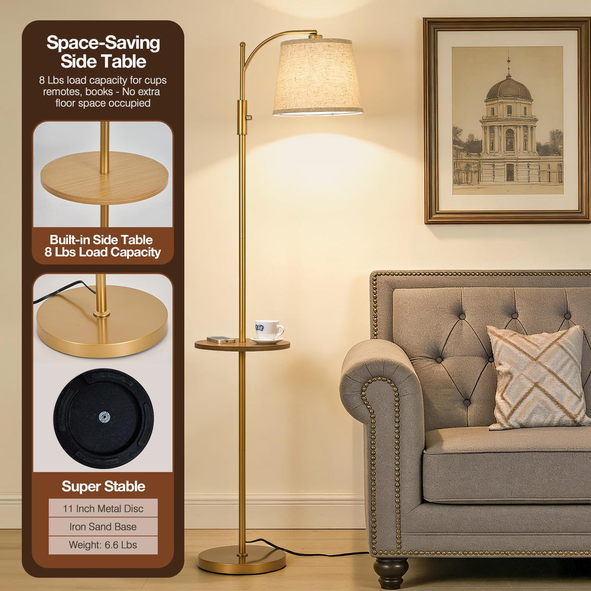 Golden Floor Lamp with Table, Dimmable Standing Lamp, Living Room