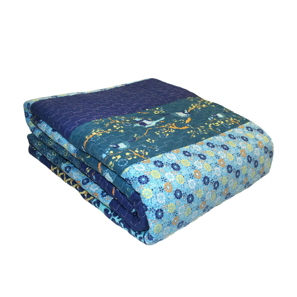 Royal Empire Reversible Cotton Quilt Set, 3 Piece Set, Peacock - Striped Bedding Set - Floral Quilt