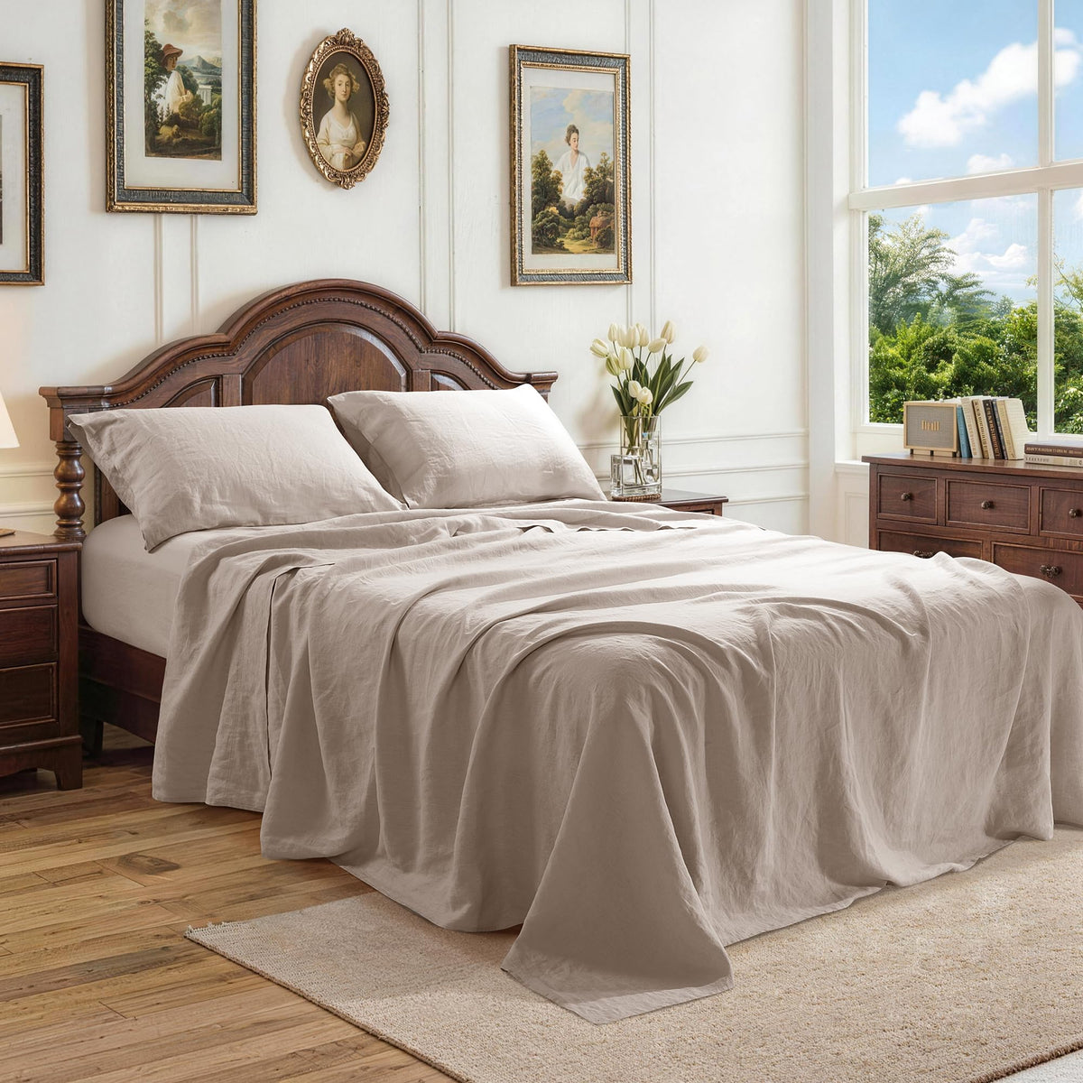 100% French Linen Sheet Set 4Pcs Deep Pocket 16", Linen Color