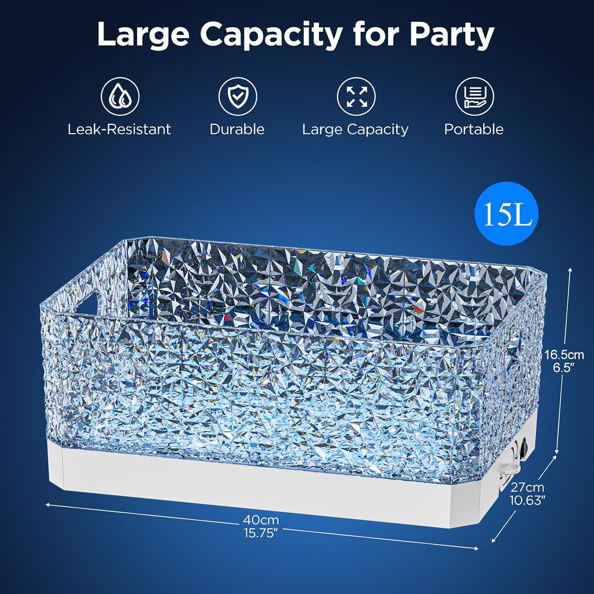Plastic Ice Bucket for Parties, 15Liter / 4 Gallon Big Large Clear Beverage Tub for Champagne Beer Drink Wine