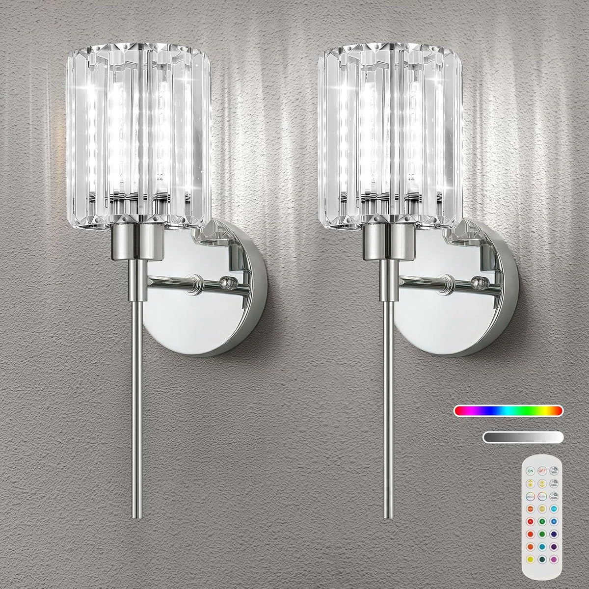 2-Pack Crystal Battery Operated Wall Sconces, Chrome Rechargeable Wireless Wall Sconce Lights with Dimmable Bulbs and Remote, 12 Colors and 3CCT Dimmable Crystal Lamps for Living Bedroom Dining