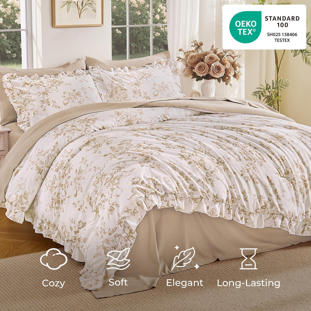 Beige Floral Comforter-7 Piece Ruffle Bedding