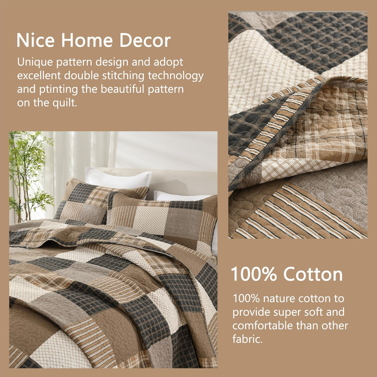 Quilt Set, Farmhouse Plaid Comforter, Cotton Quilted Bedspread, Charcoal Beige Brown Lightweight
