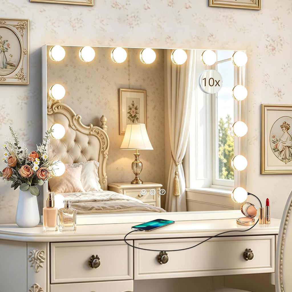 Hollywood Vanity Mirror with Lights, 23" x 18", 15 Dimmable Bulbs, 3 Color Lights, Make Up Lighted Mirror, USB