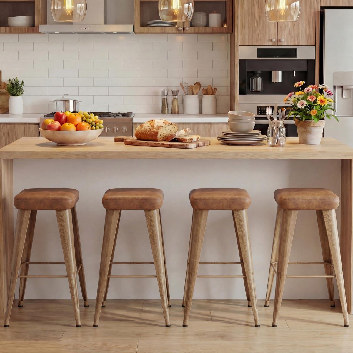 Backless Bar Stools Set of 4, 30" Walnut Brown Metal Barstools