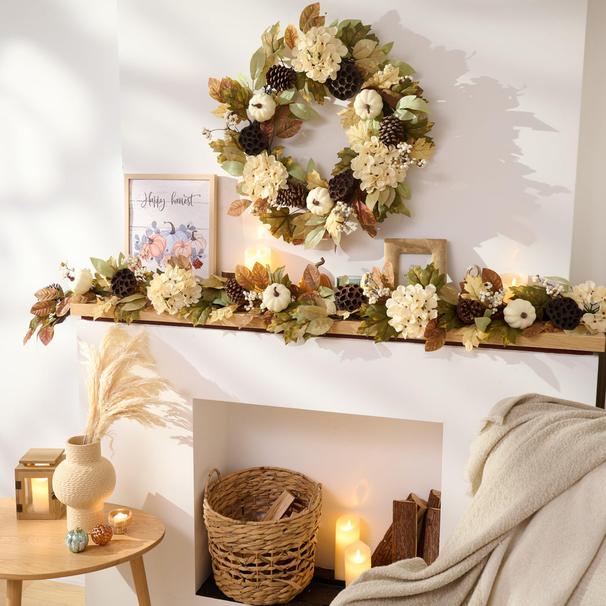 DecorbyHannah 6ft Fall Garland for Mantle with Lights &Pumpkin Maple Leaves