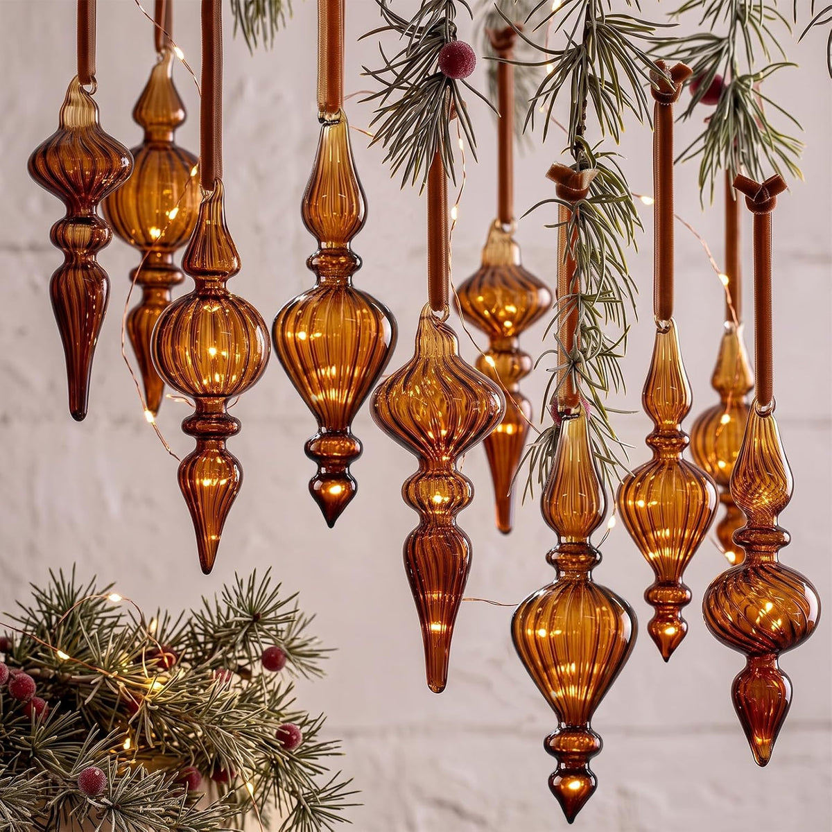 Vintage Glass Finial Christmas Ornaments, Dark Brown - Set of 12