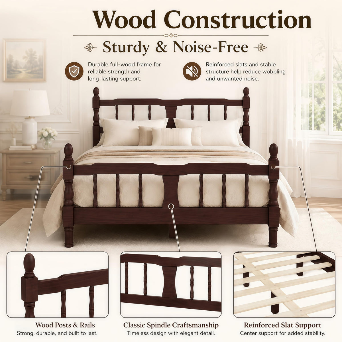 Platform Bed with Spindle Headboard & Footboard, Farmhouse Spindle Bed Frame with Wood Slat Support, No Box