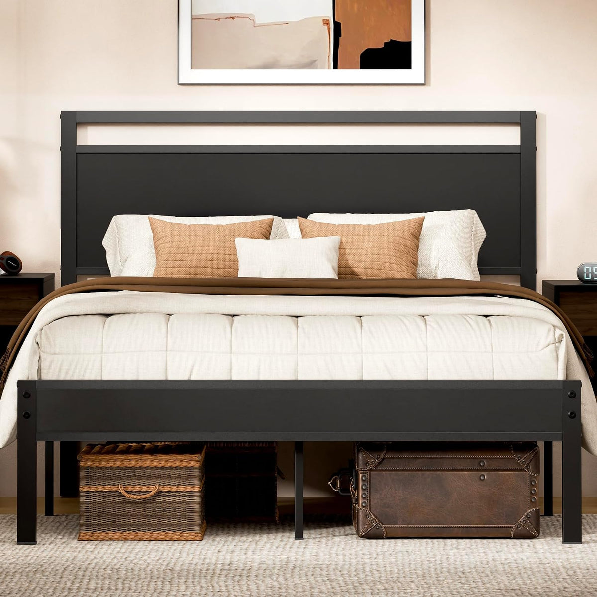 Queen Bed Frame with Modern Wood Headboard & Footboard, Upgraded Heavy Duty Metal Sturdy Bed Frame Queen, Stable