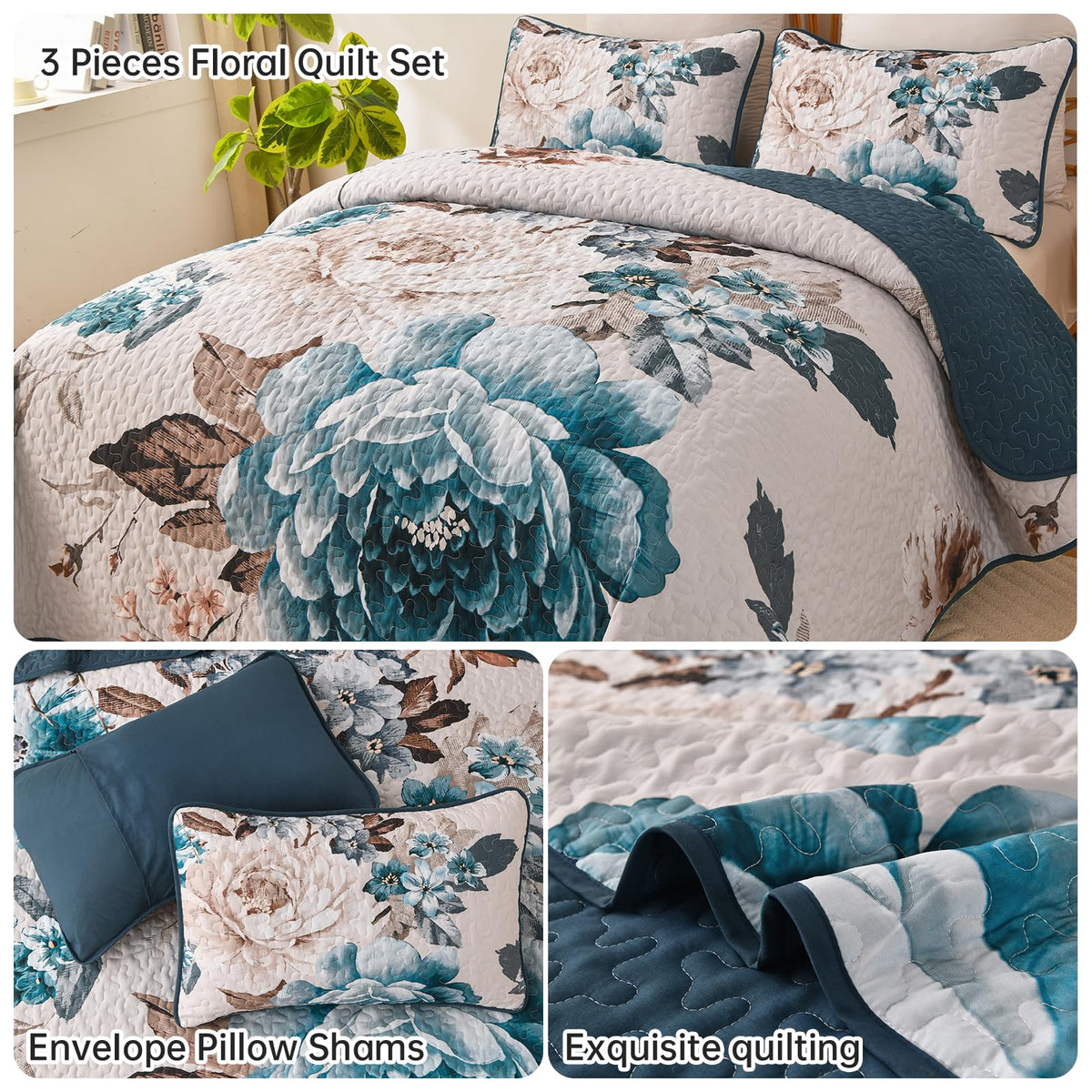 Quilt, 3 Pcs Aqua Floral Bedspread Bedding Set