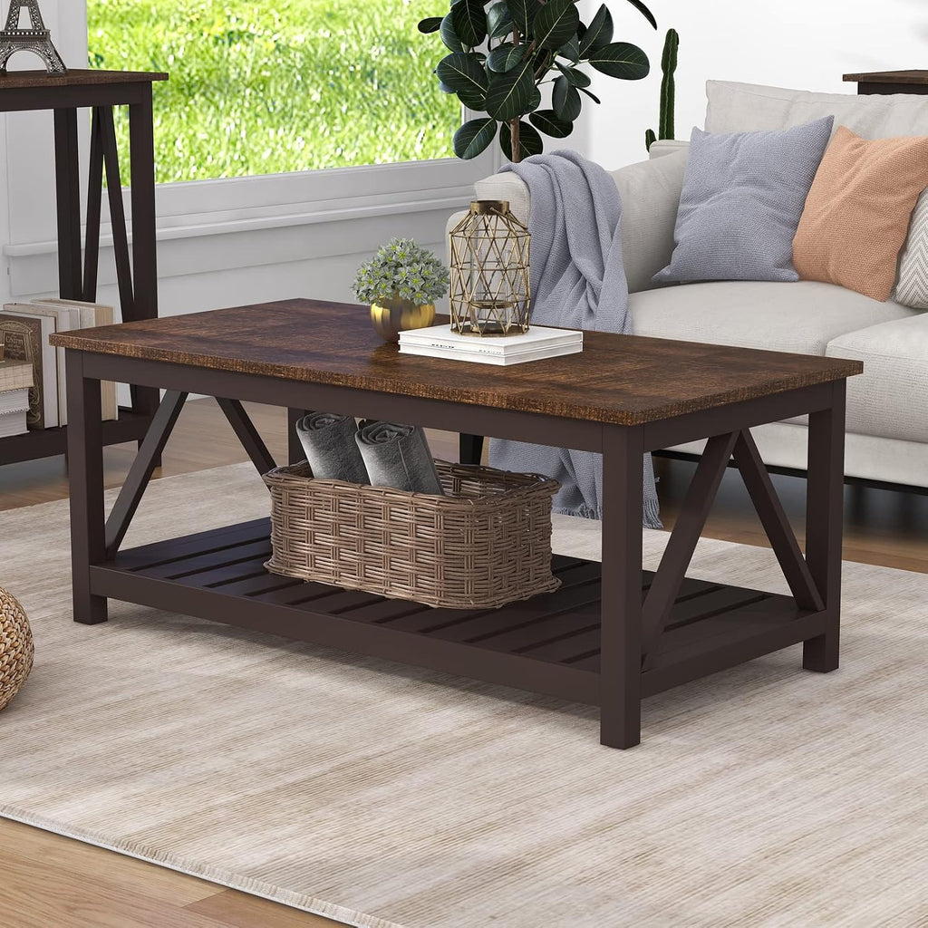 Farmhouse Coffee Table, Rustic Vintage Living Room Table with Shelf, 40 Espresso