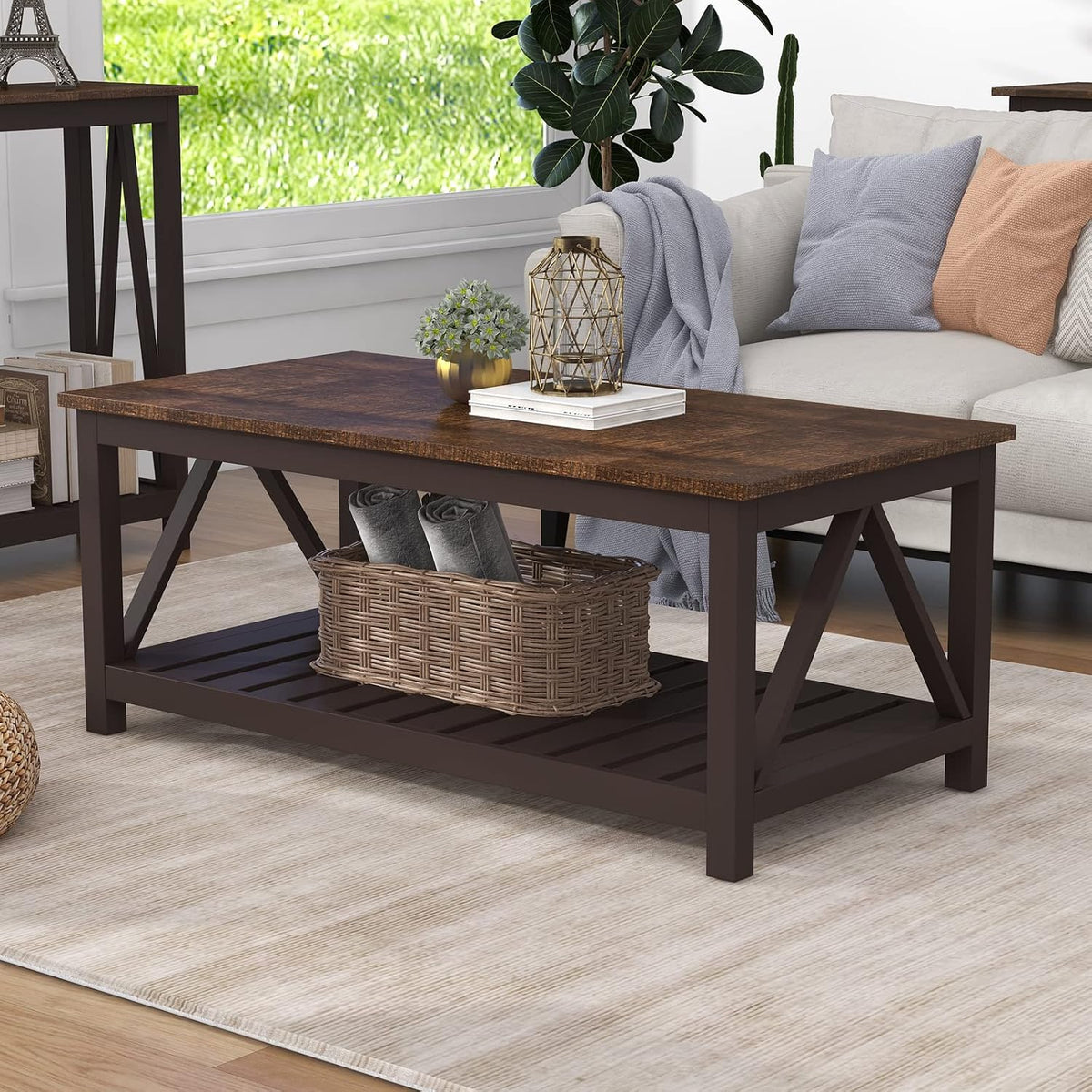 Farmhouse Coffee Table, Rustic Vintage Living Room Table with Shelf, 40 Espresso