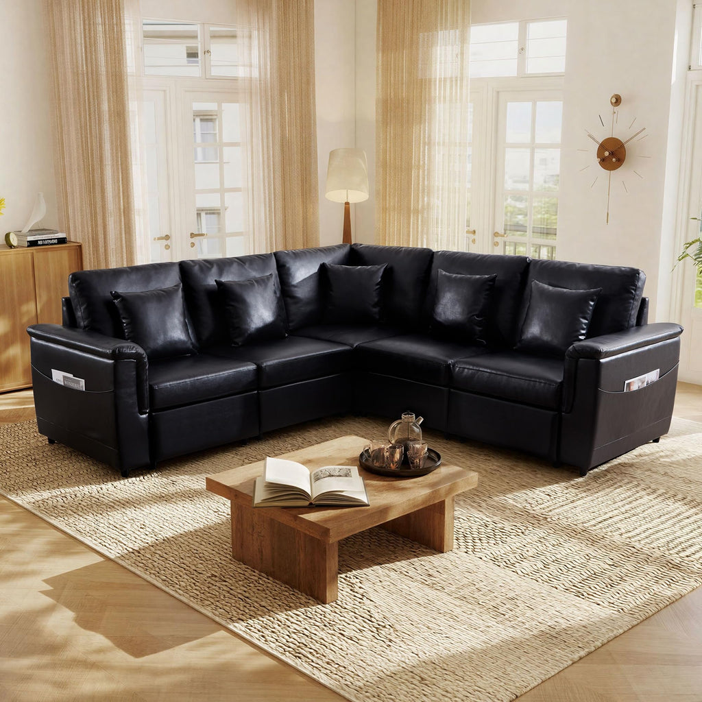 Faux Leather Sectional Sofa, Oversized L Shaped Modular Cloud Couch with Pillows, Modern 6 Seater Leather Couch