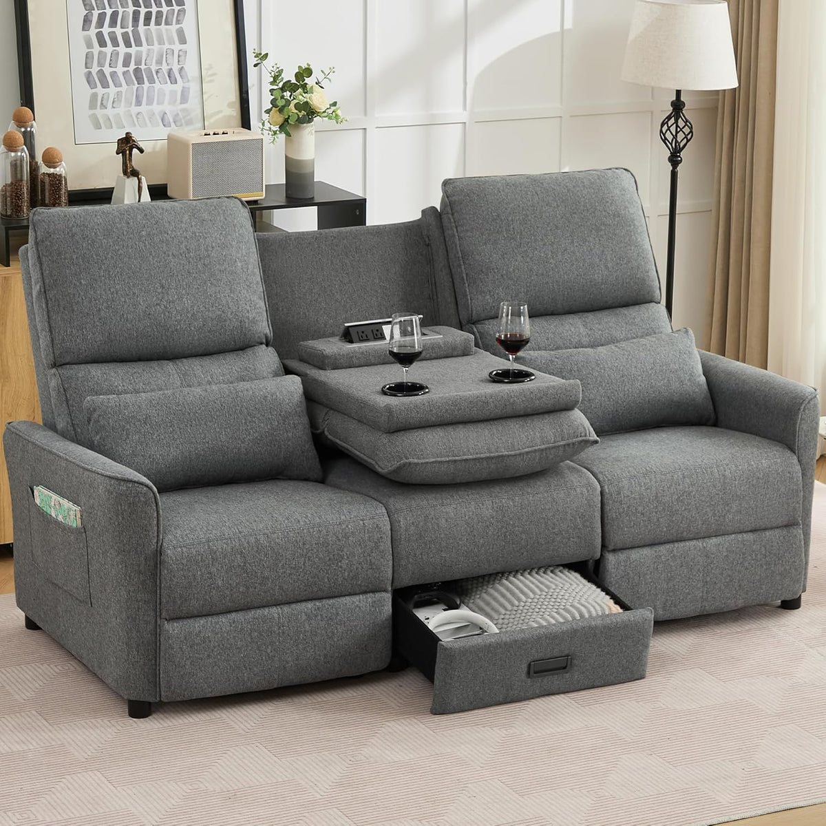 74'' RV 3 Seater Recliner Sofa, Linen Fabric Three Camper Couch 3 Seater Recliner