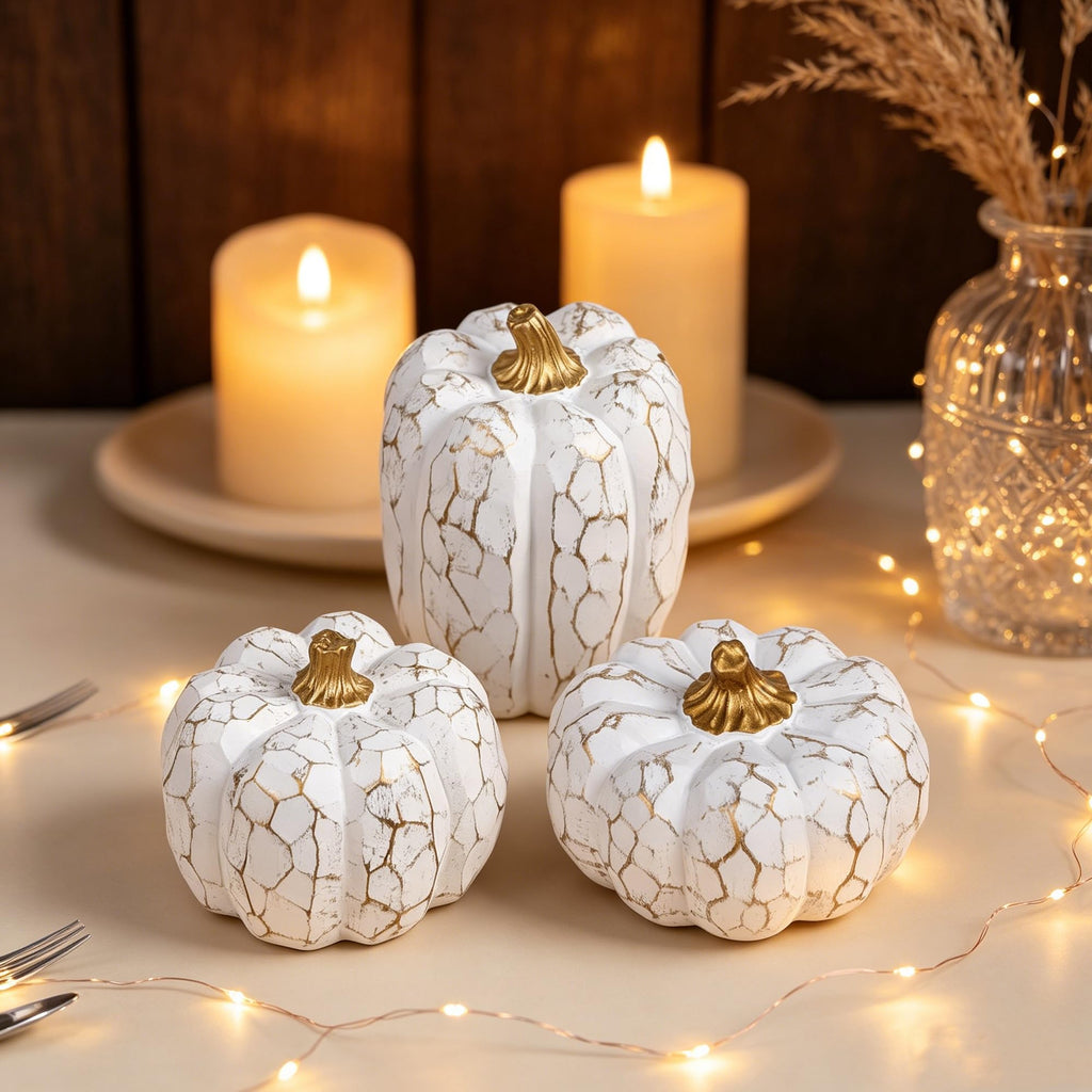 Set of 3 White Pumpkins Fall Decorations
