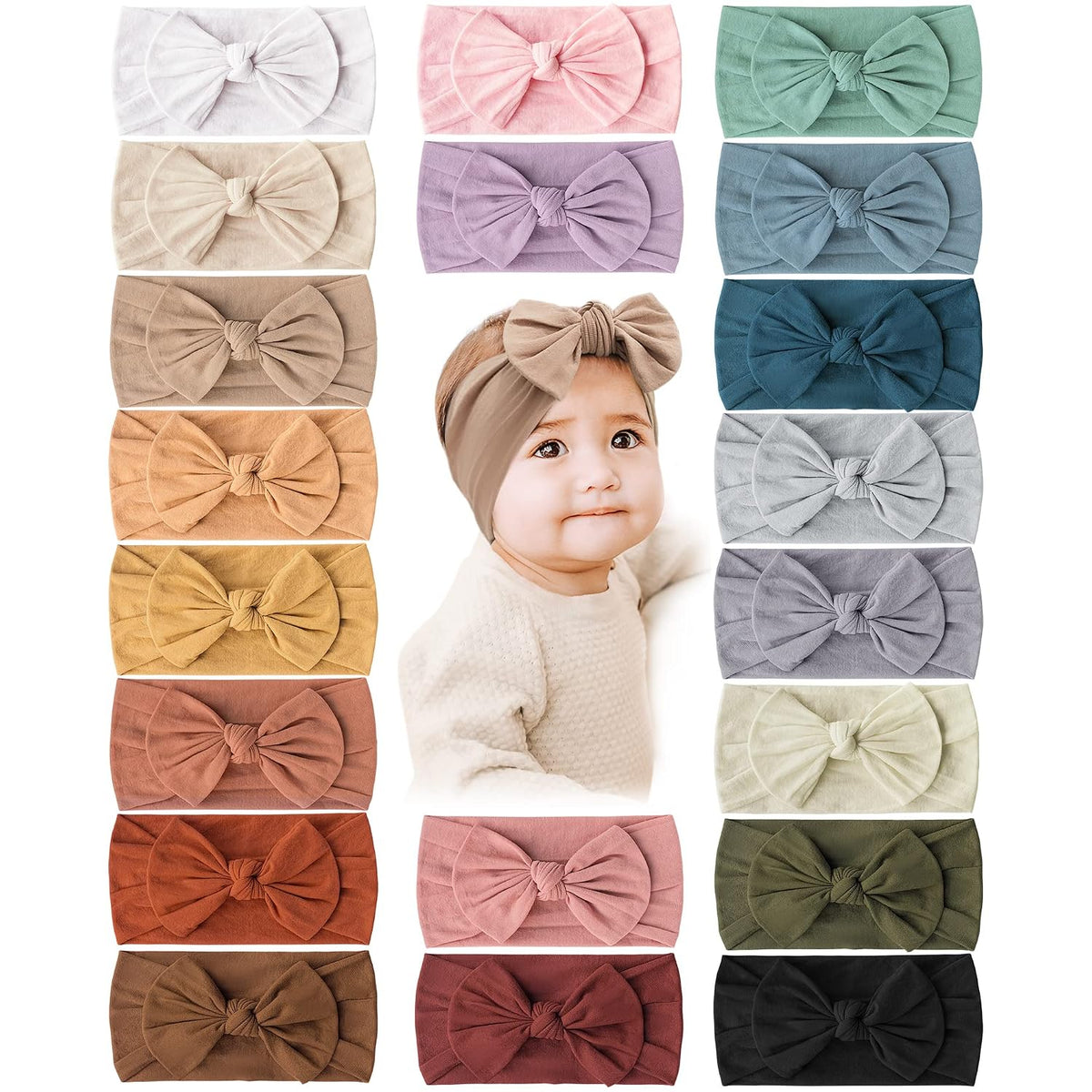20 Pcs Baby Girl Bows and Headbands, Elastics Nylon Hairbands
