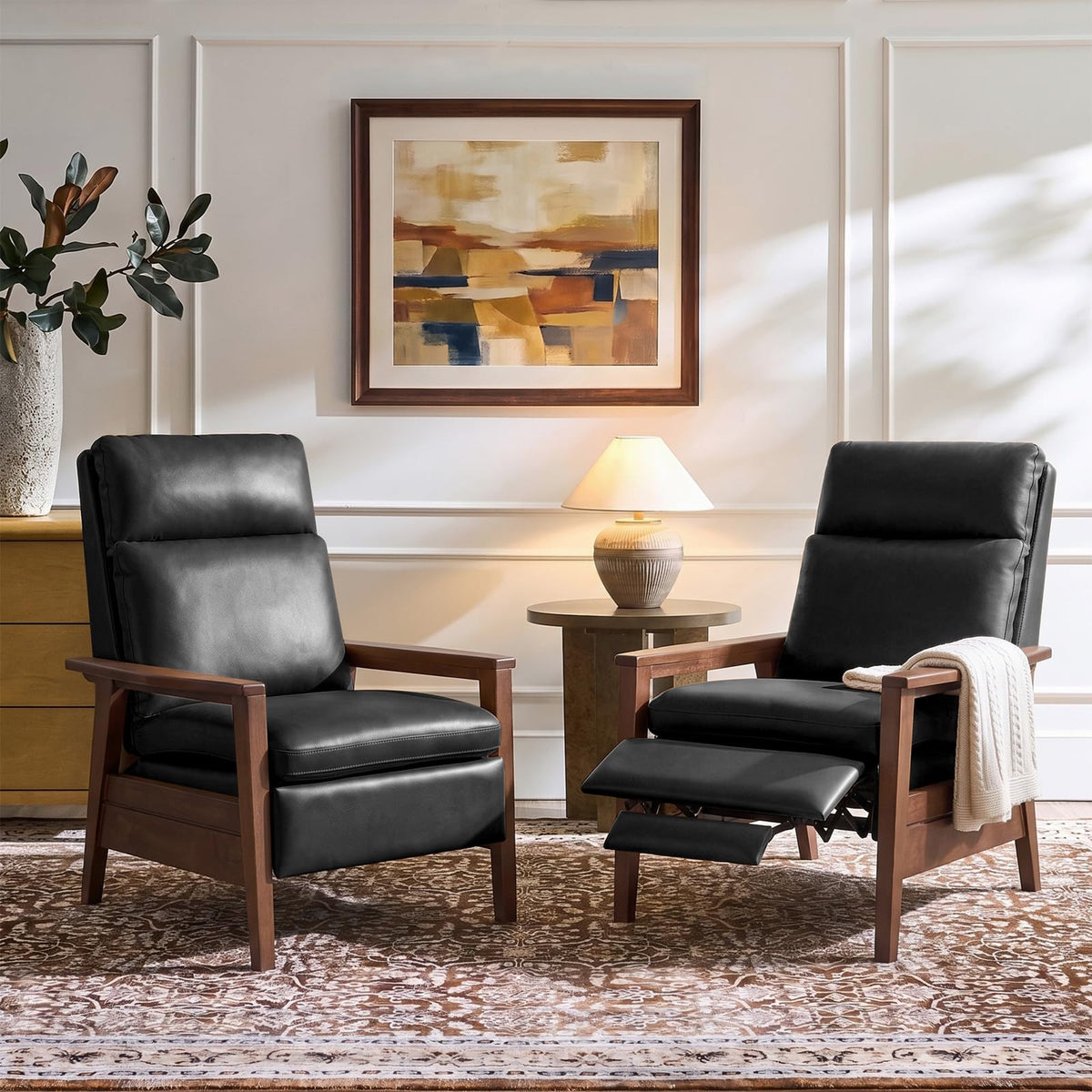Genuine Leather Recliner with Rubber Wood Arms, Black
