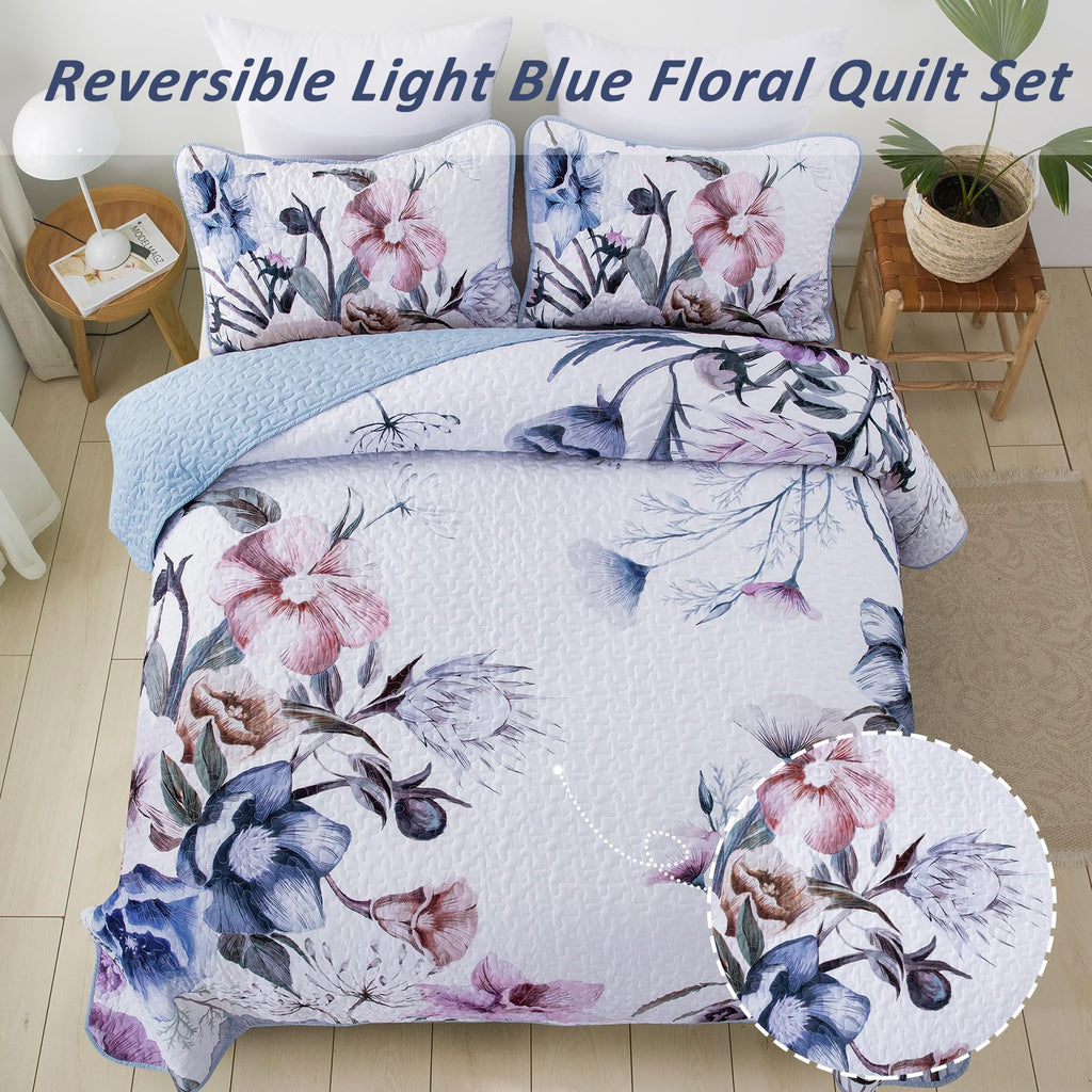 Floral Quilt Set 3 Pieces Light Blue Floral Quilt Coverlet Set