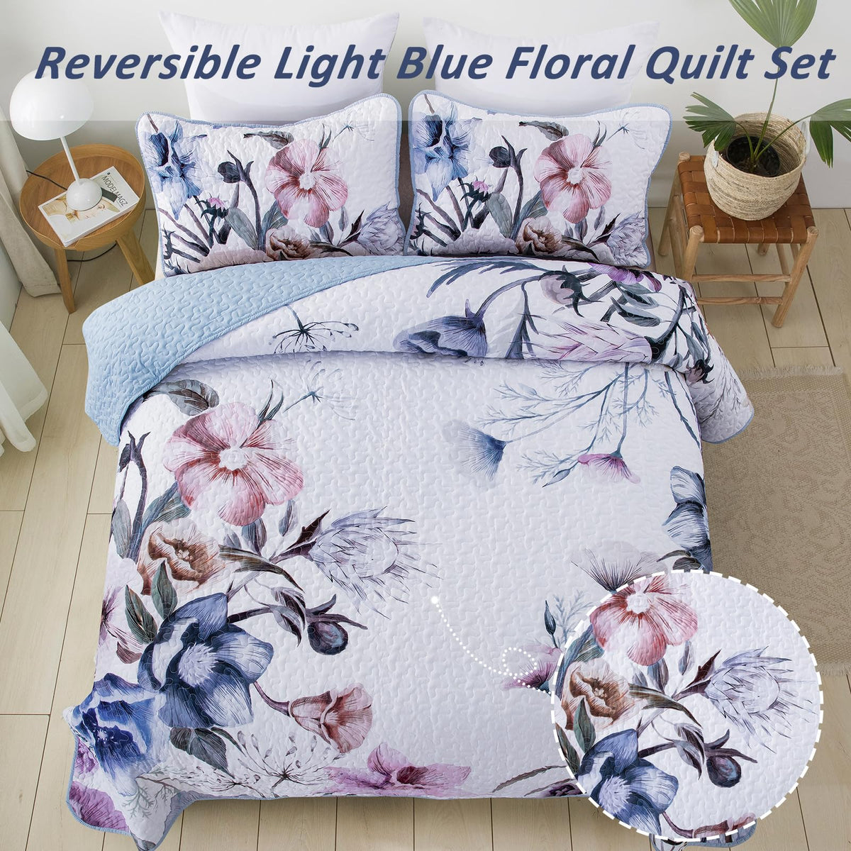 Floral Quilt Set 3 Pieces Light Blue Floral Quilt Coverlet Set
