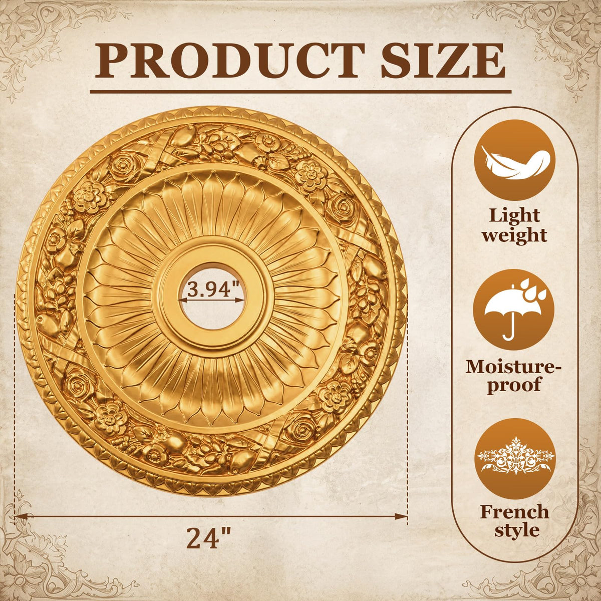 24" OD x 3.94" ID Gold Ceiling Medallion, Round Royal Acanthus