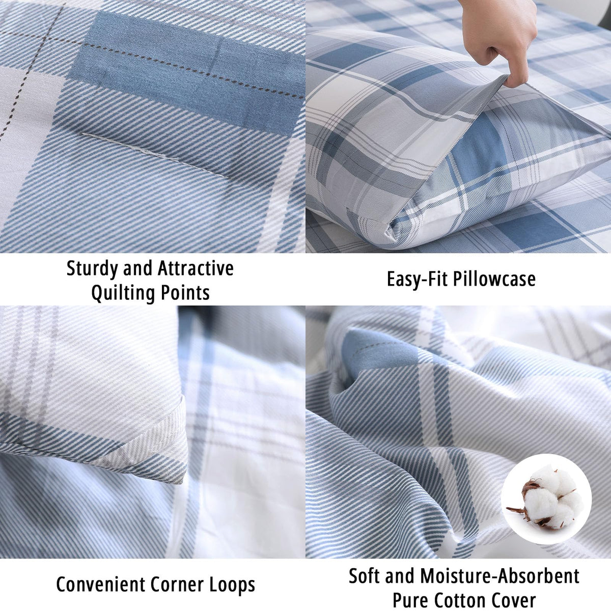 Modern Denim Blue Gray Plaid Cotton Comforter Set 3PC