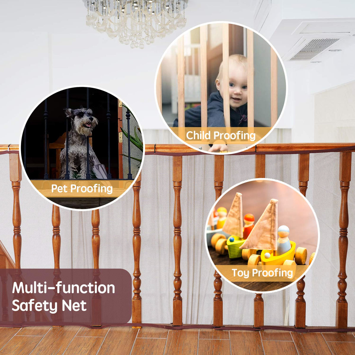 Gates for Stairs with Banister, Guard Safety Net for Baby, 15ft x 3ft Stair Railing Mesh Barrier for Kids, Cats