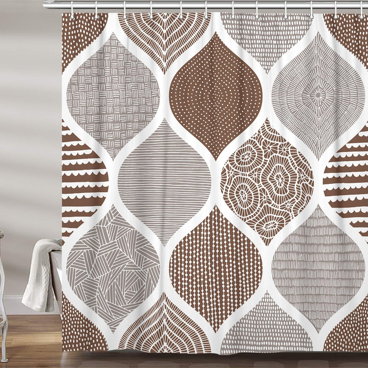 Tan and Grey Shower Curtain, Brown Retro Bohemian Geometric Fabric Shower Curtains Set Decorative, Boho Modern
