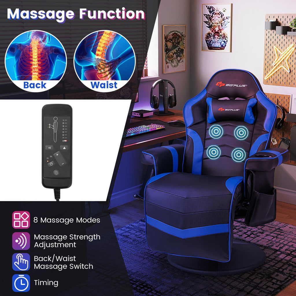 Gaming Chair, Height Adjustable Massage Video Game Chair with Retractable Footrest, Cup Holder, Headrest, Swivel