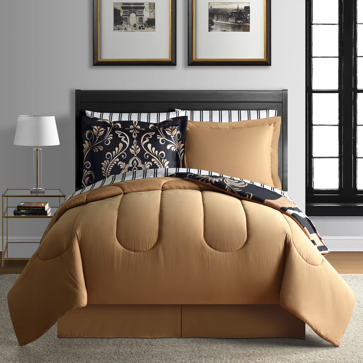 Lanwood Home Sabrina Damask 8-Piece Bed-in-A-Bag Comforter Set with Comforter, Pillow Shams, 4-Piece Sheet Set, & Bed
