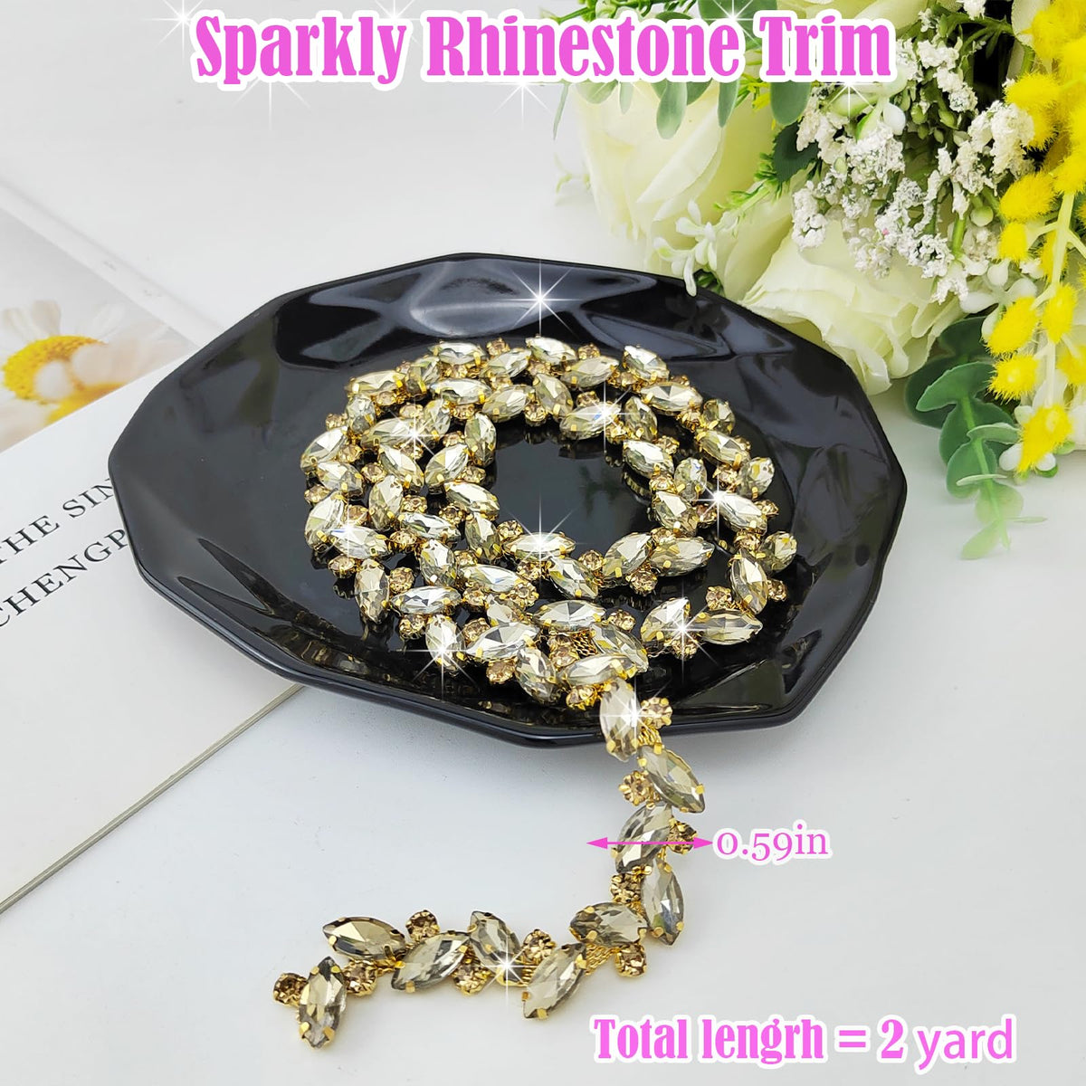 Rhinestone Trim Diamond Crystal Rhinestone Strap Chain Sparkly Applique for Wedding Party Decoration & Bridal - 2 Yards