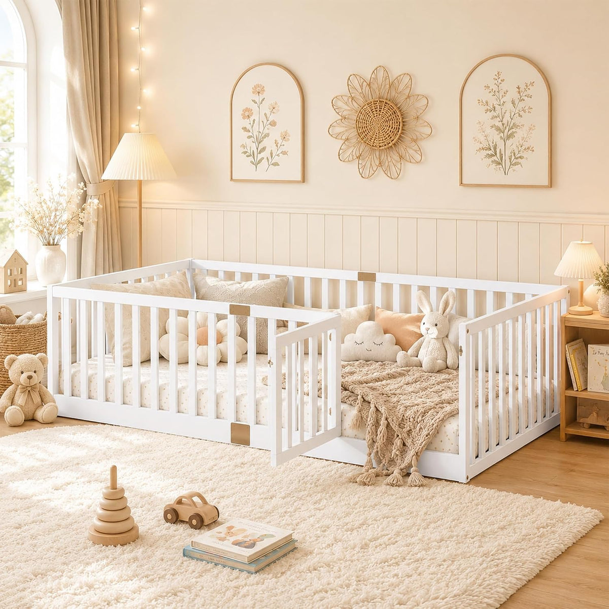 Montessori Floor Bed with High Rails, Door & Slats for Kids, White