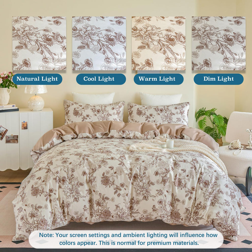 Brown Floral Duvet Cover Set 100% Percale Cotton Shabby Vintage Toile Flower Printed Comforter Covers with