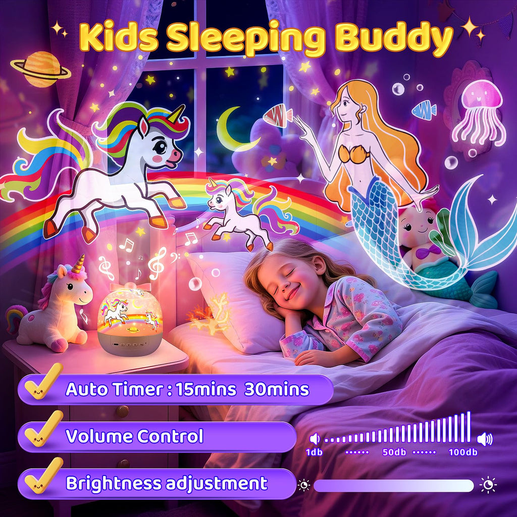 Unicorn Toys for Girls Gifts, 15 Films+15 Lullaby Sound Machine for Kids Night Light Projector, Remote+Rechargeable