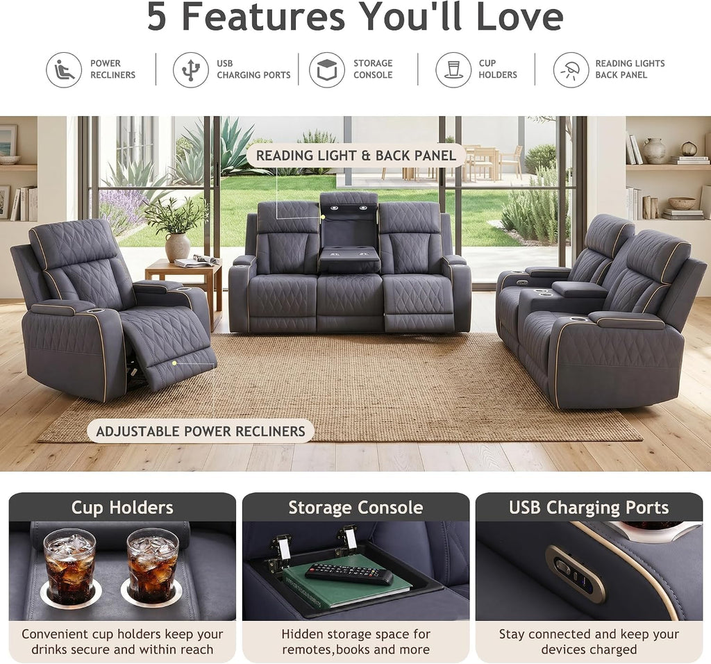 Leather Power Recliner Sofa Set with LED, 3 Piece Living Room Furniture Set, Breathable Leather Reclining Sofa Set